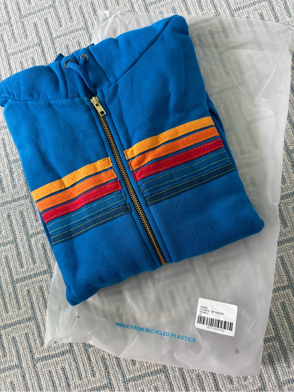 NWT Aviator Nation Men’s  Zip-Up Hoodie Jacket in Bright Blue with Rainbow Strip